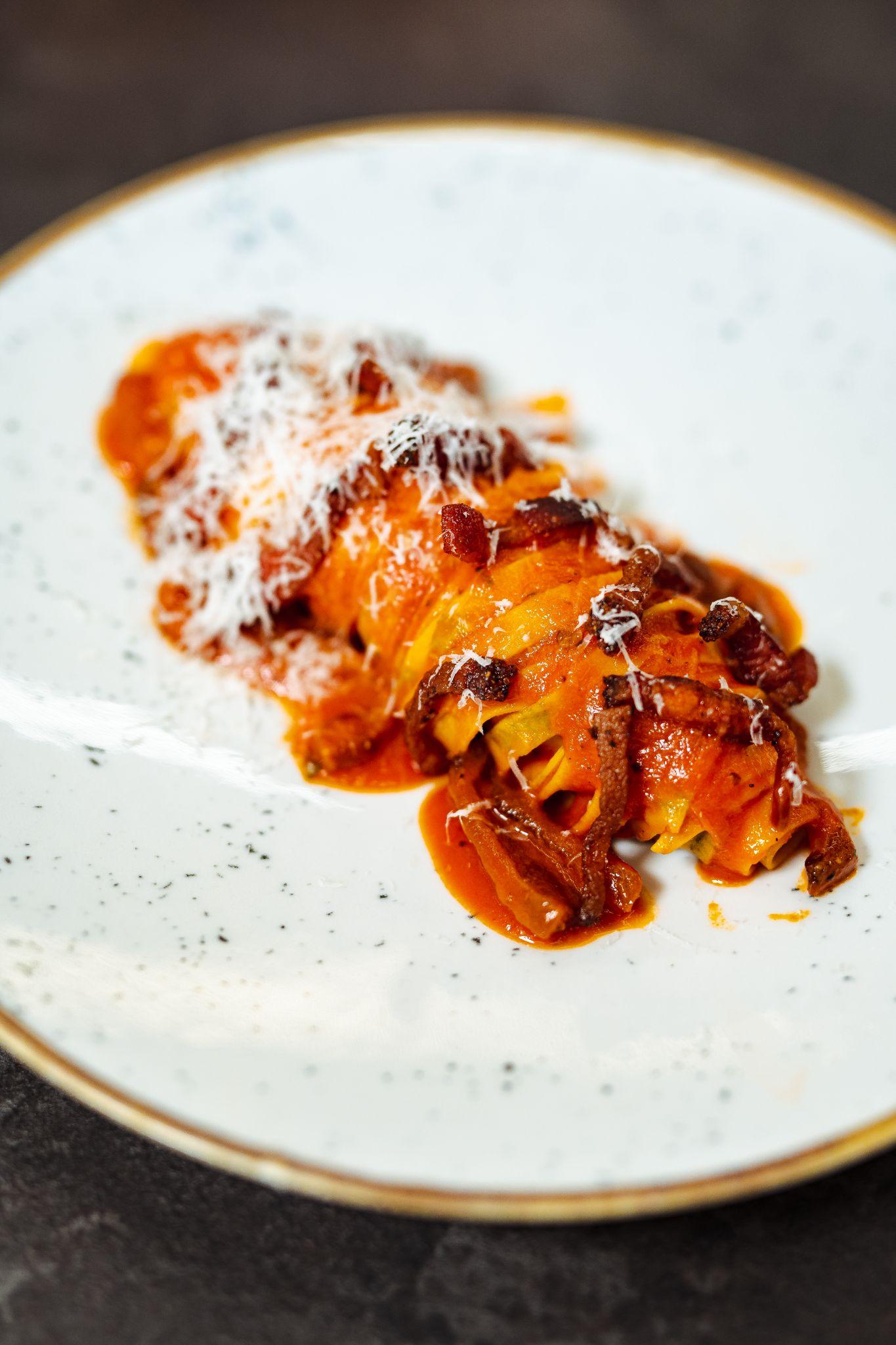 Spaghetti all'Amatriciana with guanciale and pecorino romano