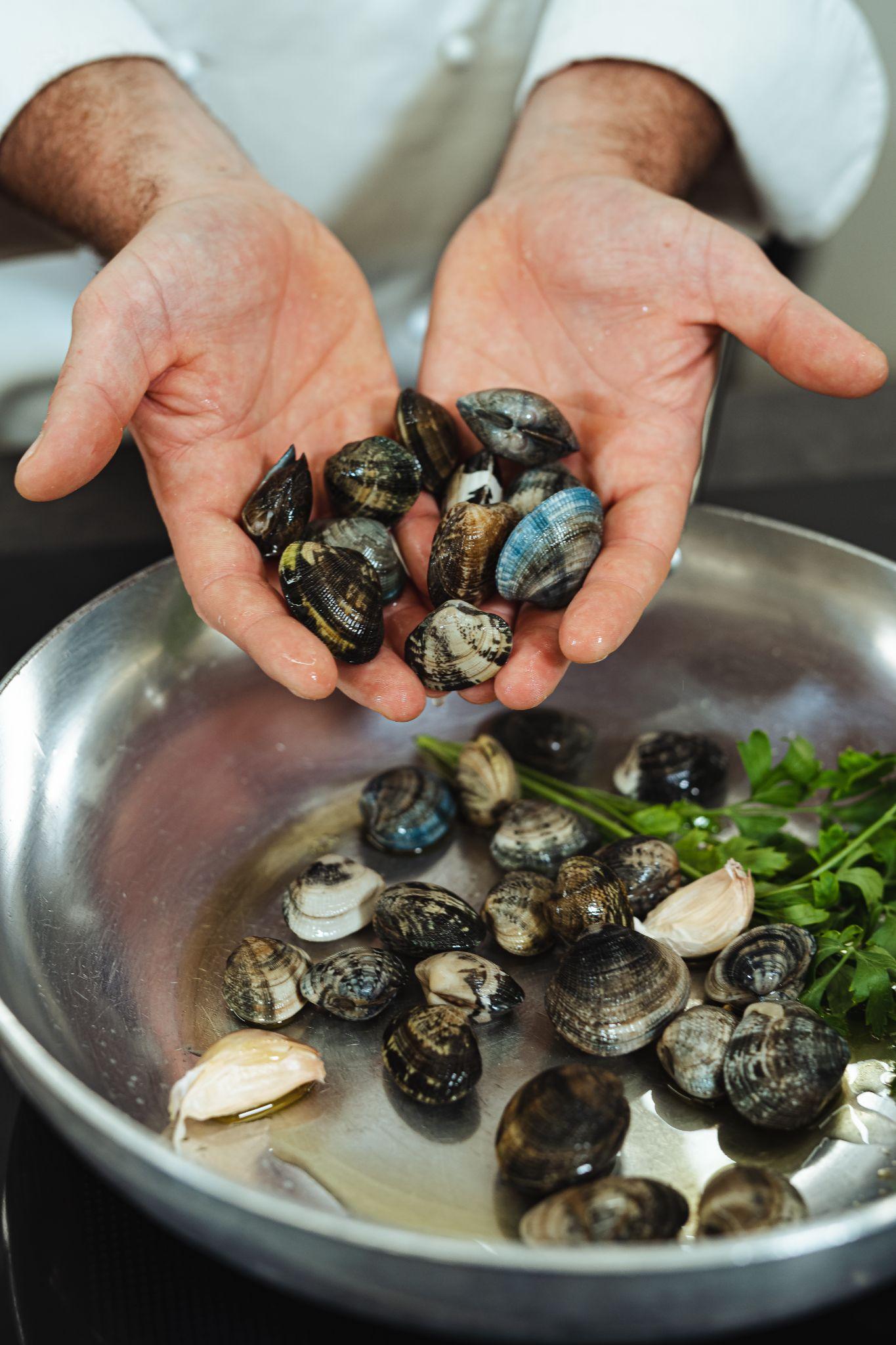 Plate of spaghetti alle vongole with clams in the shell